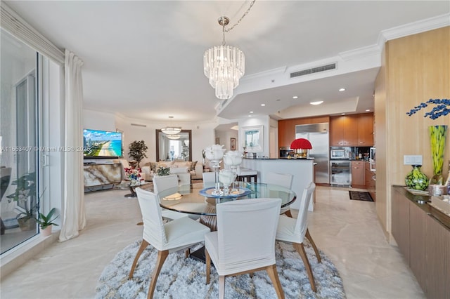 dining area featuring ornamental molding, wine cooler, and an inviting chandelier