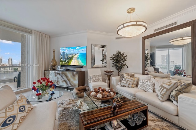 living room with ornamental molding