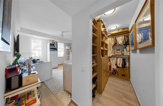 spacious closet featuring light wood-type flooring and ceiling fan