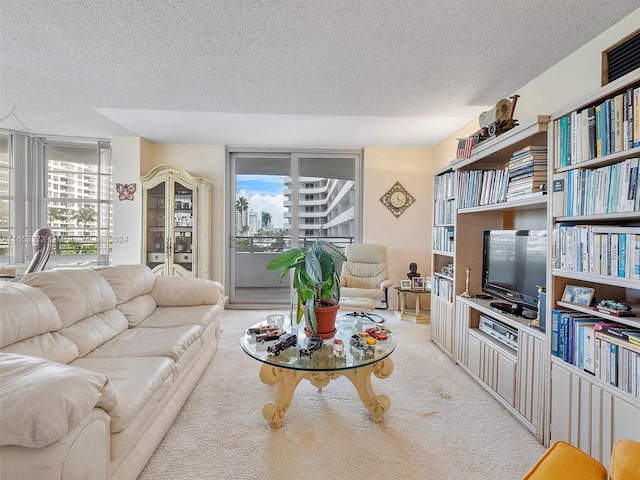 living room featuring a textured ceiling, plenty of natural light, and light carpet