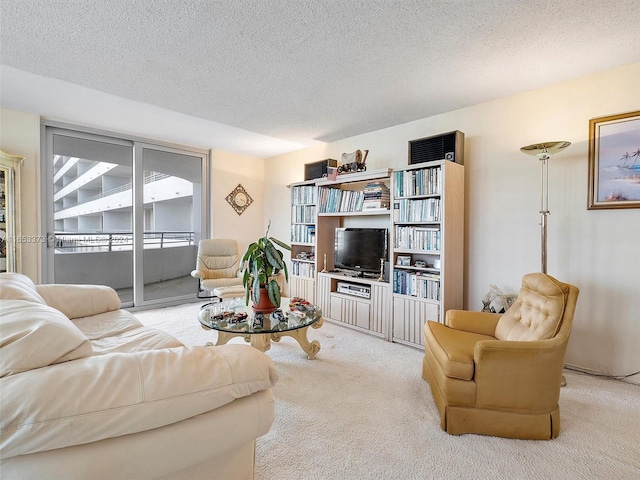 living room with a textured ceiling, plenty of natural light, and carpet floors