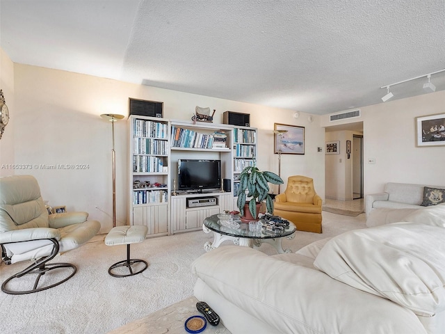 living room with a textured ceiling, rail lighting, and light colored carpet