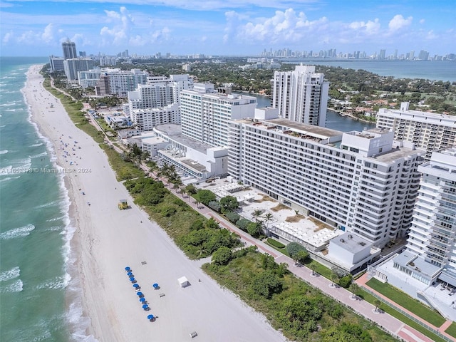 aerial view with a view of the beach and a water view