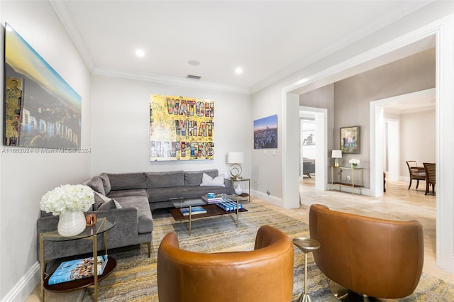 living room with ornamental molding