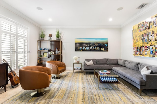 living room with ornamental molding