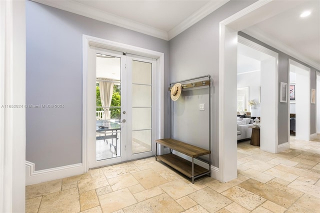 entryway featuring french doors and ornamental molding