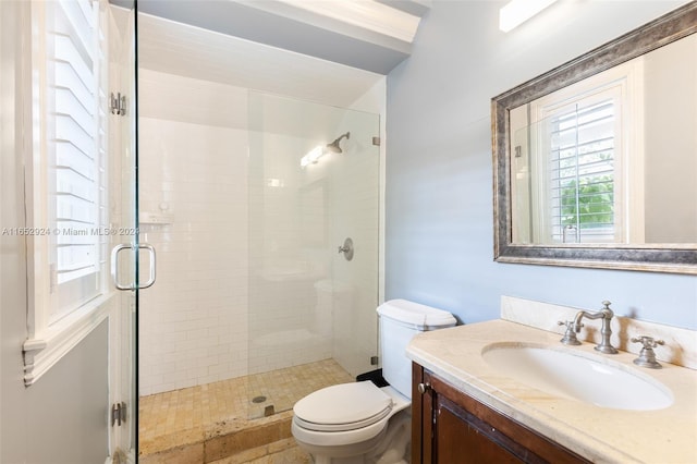 bathroom with vanity, toilet, and a shower with door