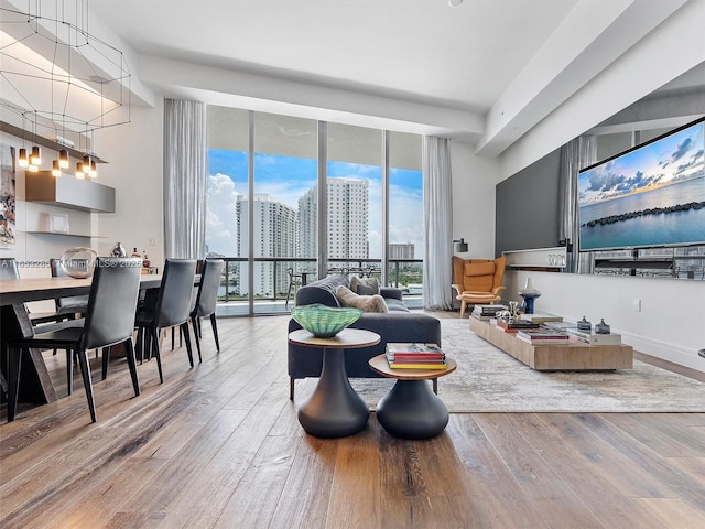 living room with hardwood / wood-style flooring and floor to ceiling windows