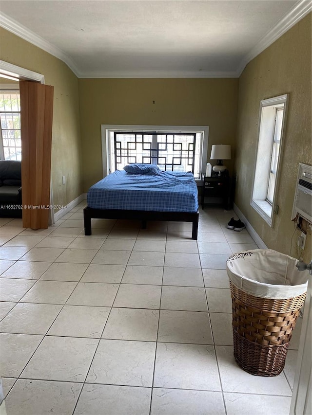 bedroom with crown molding and light tile patterned flooring