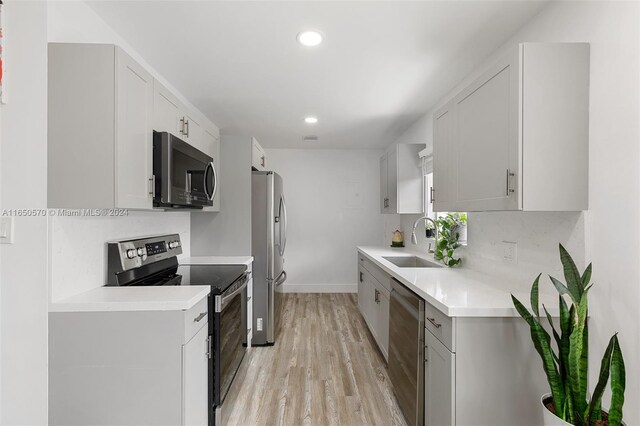 kitchen with light wood-type flooring, stainless steel appliances, white cabinetry, sink, and decorative backsplash