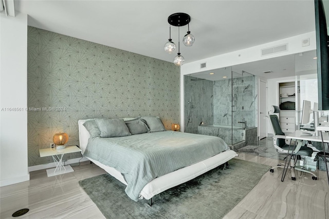 bedroom featuring tile walls