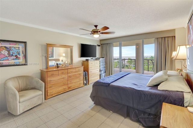 bedroom featuring crown molding, a textured ceiling, access to outside, and ceiling fan