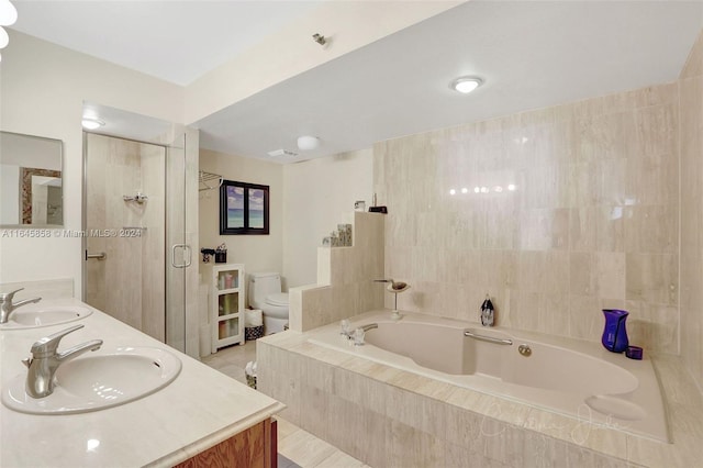 full bathroom with vanity, toilet, tile patterned floors, and shower with separate bathtub