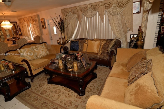 living room with light tile patterned floors and a chandelier