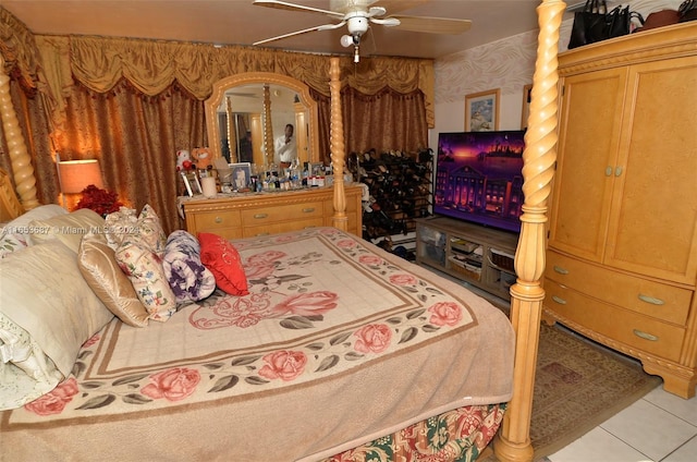 tiled bedroom with ceiling fan