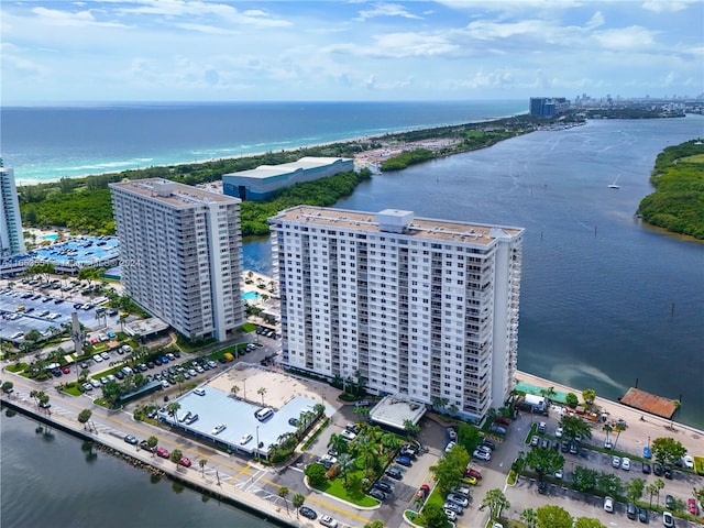 drone / aerial view with a water view