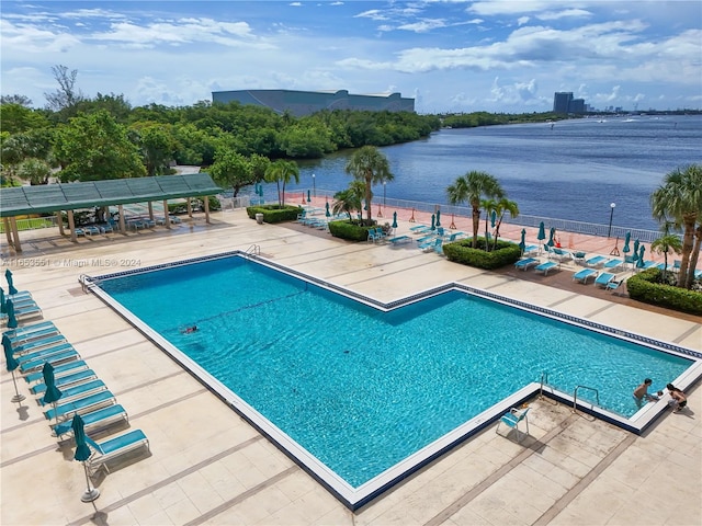 view of pool featuring a patio area and a water view