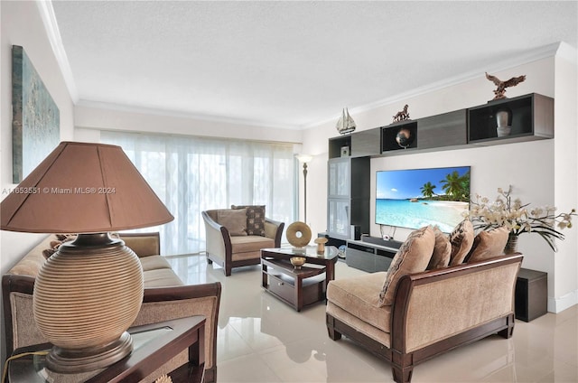 tiled living room with crown molding and a textured ceiling