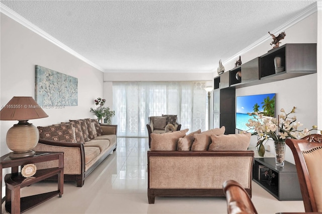 tiled living room featuring ornamental molding and a textured ceiling