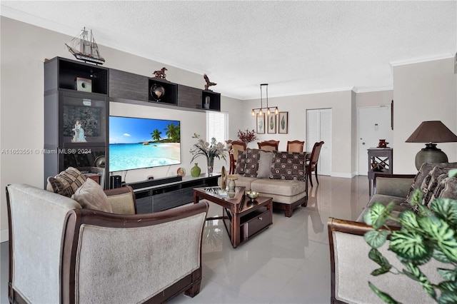 living room featuring a textured ceiling, a chandelier, and light tile patterned flooring