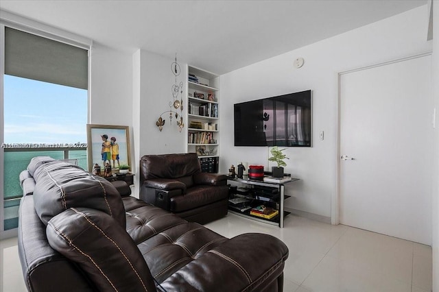 tiled living room with built in features