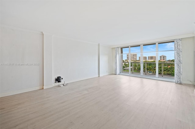 spare room featuring light wood-type flooring, floor to ceiling windows, and ornamental molding