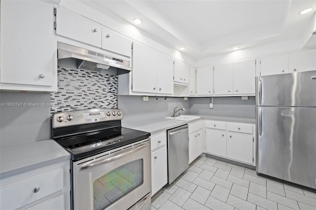 kitchen featuring white cabinetry, sink, a tray ceiling, tasteful backsplash, and appliances with stainless steel finishes