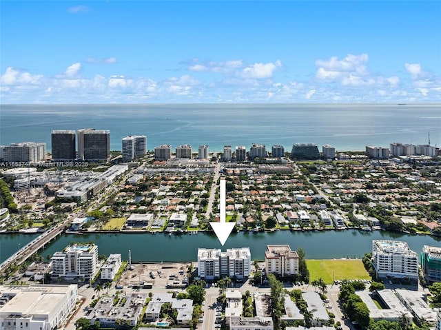 aerial view featuring a water view