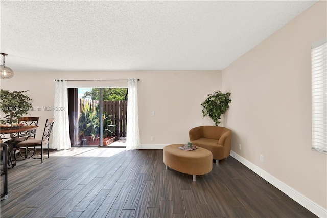 sitting room with a textured ceiling and dark wood-type flooring