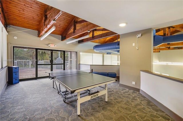 playroom with wooden ceiling, vaulted ceiling with beams, and dark carpet