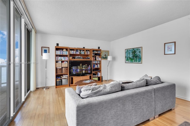 living room featuring light hardwood / wood-style flooring and a textured ceiling