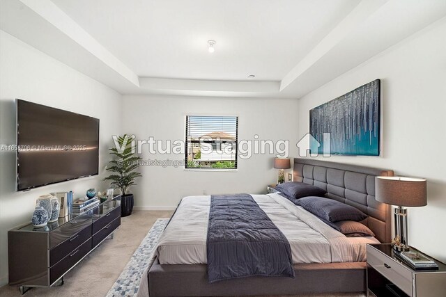 carpeted bedroom with a tray ceiling