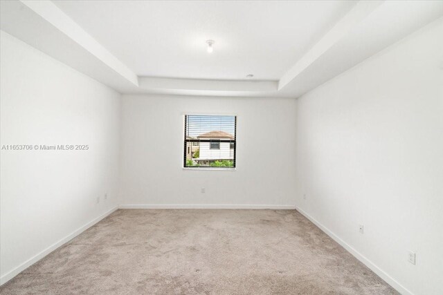 empty room with a raised ceiling and light colored carpet