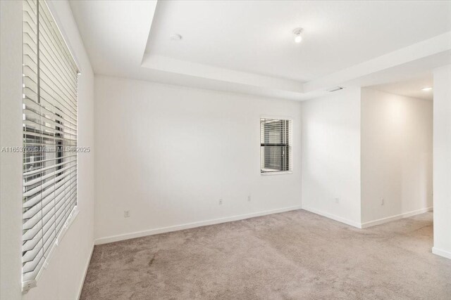 carpeted spare room with a tray ceiling