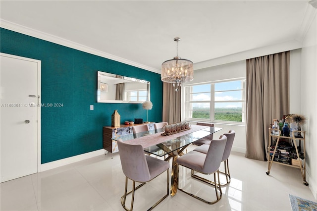 dining space featuring crown molding and a chandelier