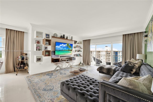 living room featuring crown molding