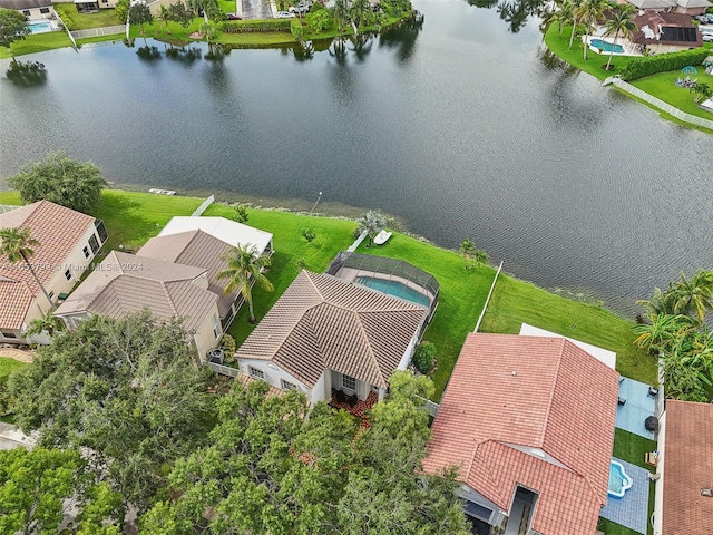 bird's eye view with a water view