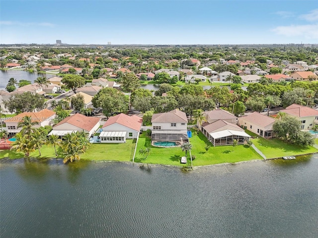 aerial view featuring a water view