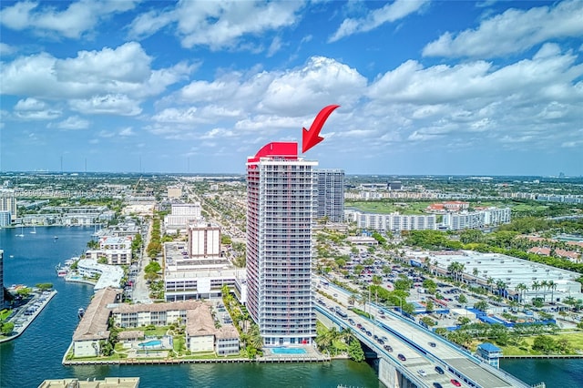 birds eye view of property featuring a water view