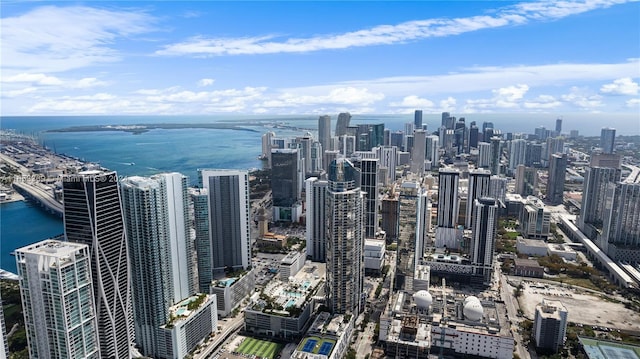 bird's eye view with a city view and a water view