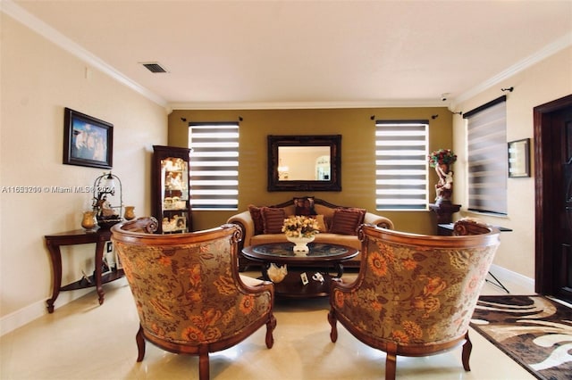 interior space featuring ornamental molding and light colored carpet