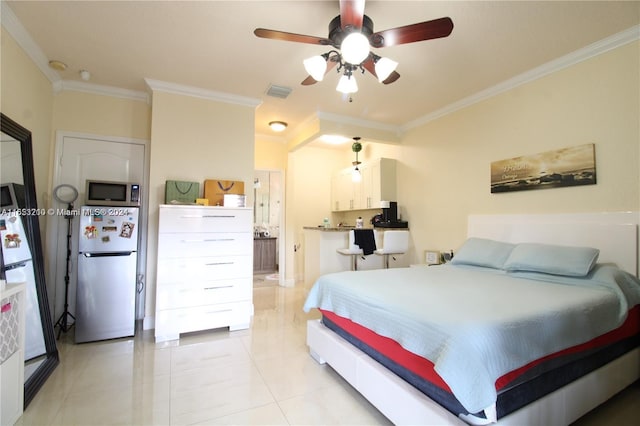 tiled bedroom featuring crown molding, stainless steel refrigerator, ceiling fan, and white fridge