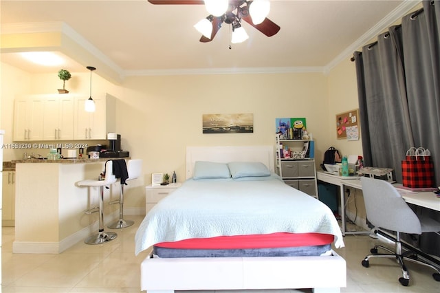 bedroom featuring crown molding, light tile patterned floors, and ceiling fan