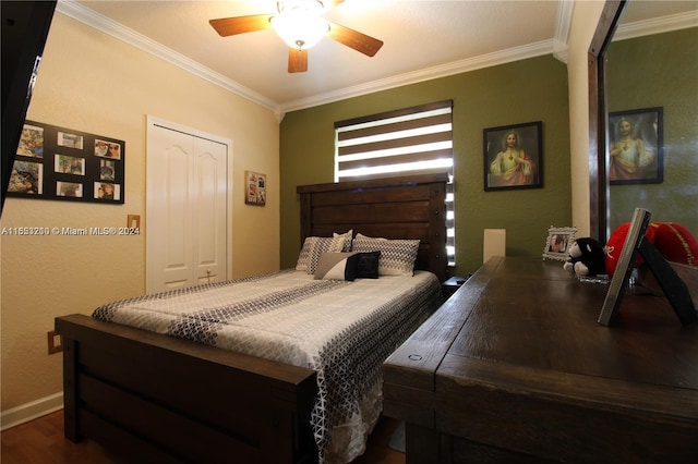 bedroom with ceiling fan, ornamental molding, a closet, and dark hardwood / wood-style flooring