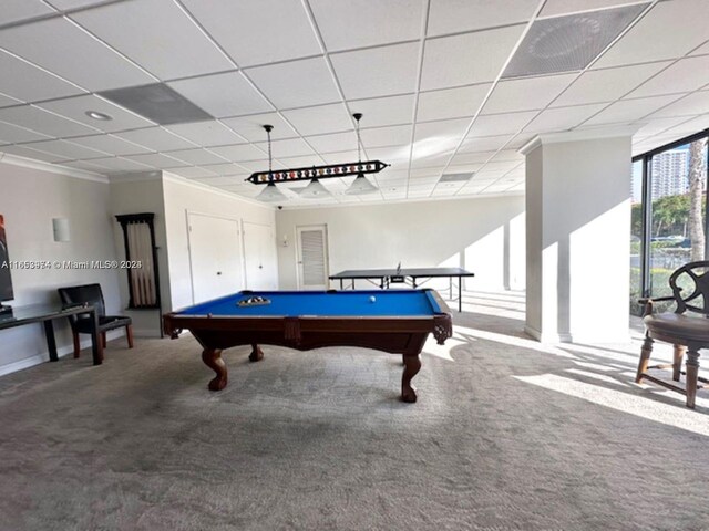 game room featuring a paneled ceiling, pool table, and carpet floors