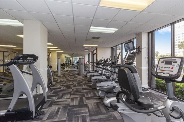 exercise room featuring dark carpet and a paneled ceiling