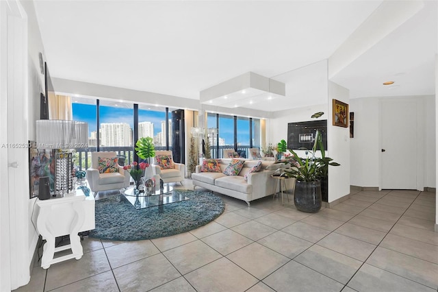 living room featuring light tile patterned floors