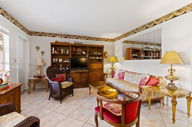 living room featuring light tile patterned flooring