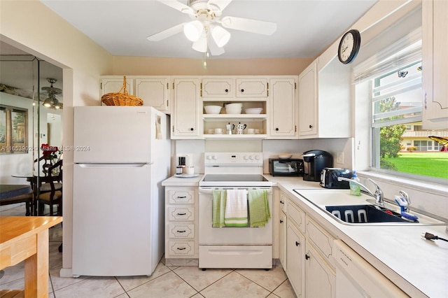 kitchen with ceiling fan, sink, white appliances, and white cabinetry