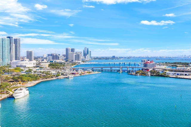 drone / aerial view featuring a water view